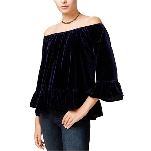 Sanctuary Julia Velvet Pullover Off-Shoulder Bell Sleeve Blouse Black Sz M - Picture 1 of 9